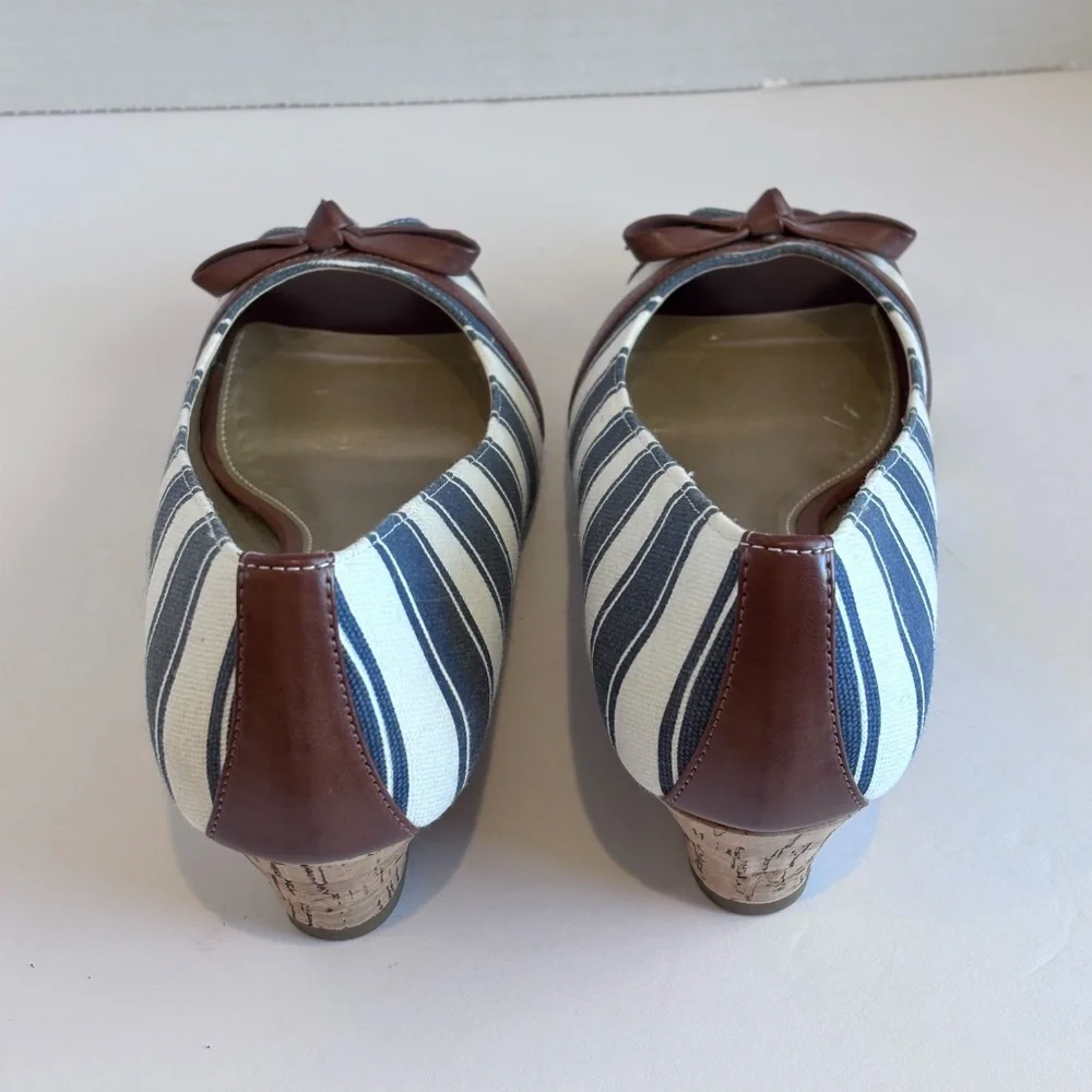 Kelly & Katie Women's Open Toe Low Wedge Cork Heel Blue White Stripe Fabric Shoe
